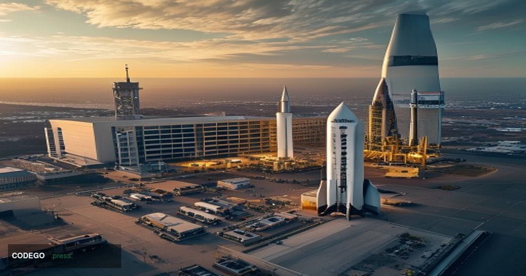 A dramatic aerial view of SpaceX's Hawthorne headquarters in California at golden hour, with the iconic rocket assembly facil