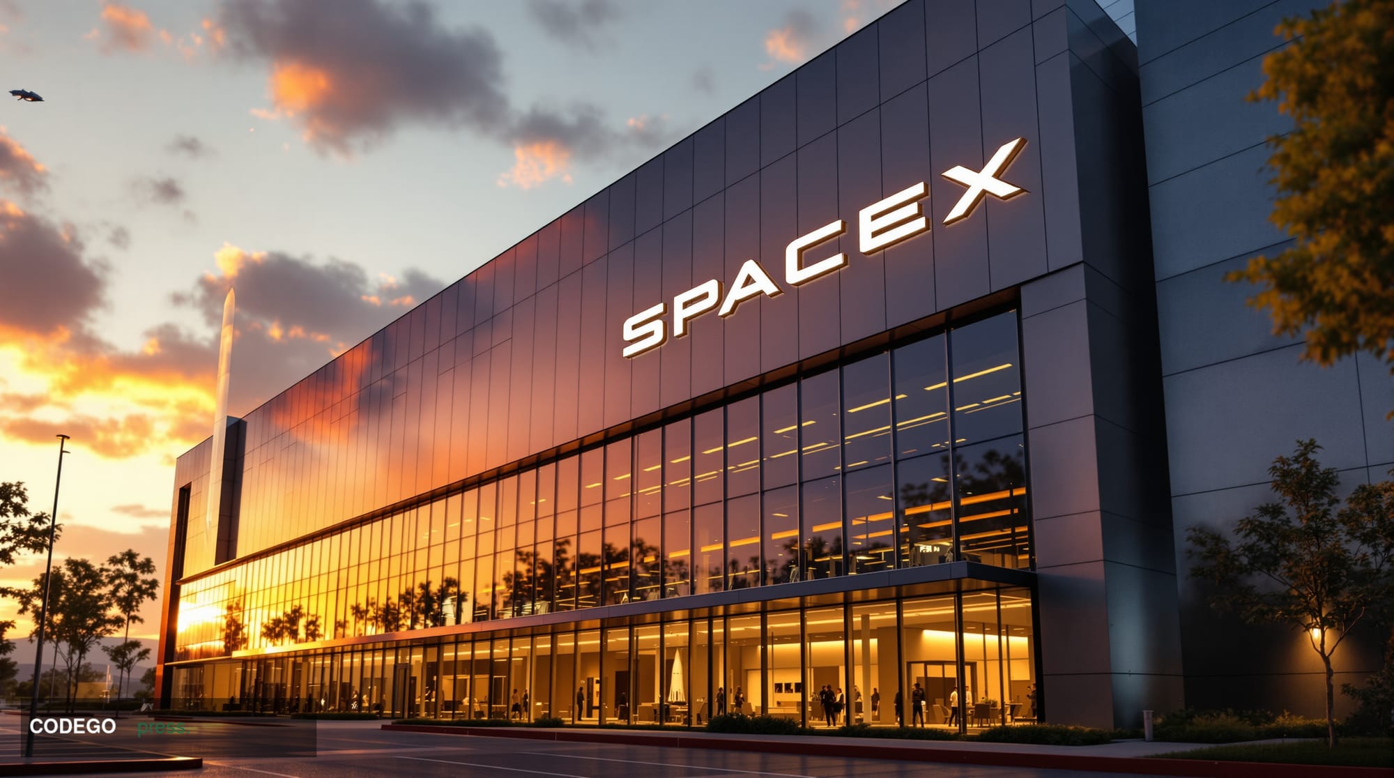 A cinematic editorial photograph of SpaceX's Hawthorne headquarters building exterior during golden hour, with the recognizab