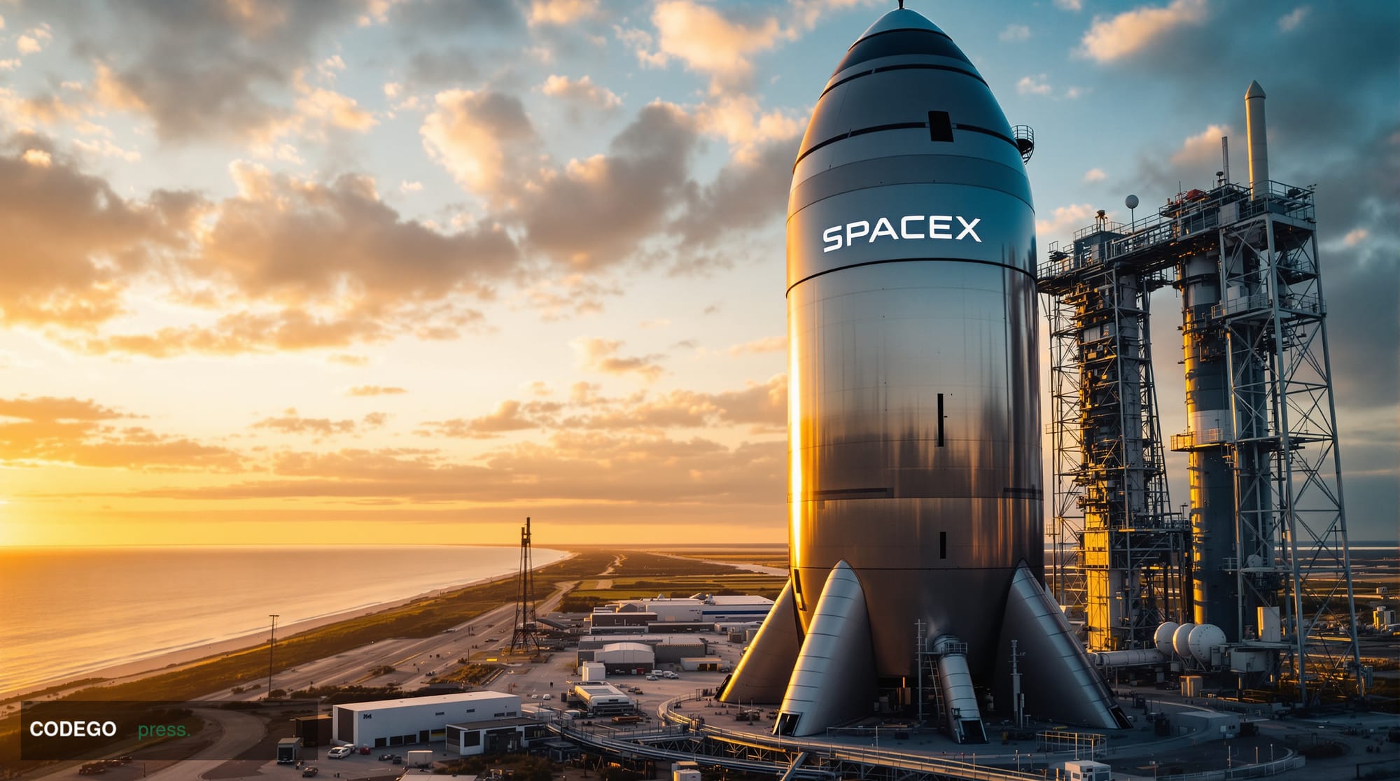 A cinematic editorial photograph of SpaceX's Starbase facility in Boca Chica, Texas, captured during golden hour with dramati