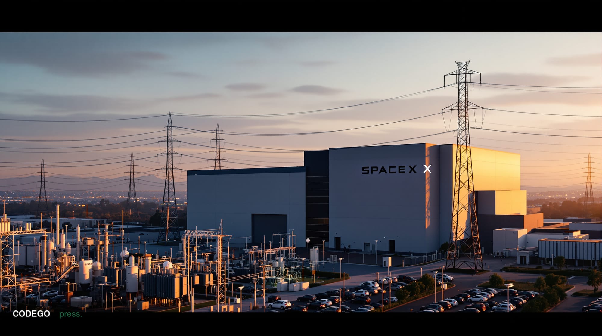 A dramatic photorealistic editorial photograph showcasing SpaceX's Hawthorne, California headquarters complex at golden hour,