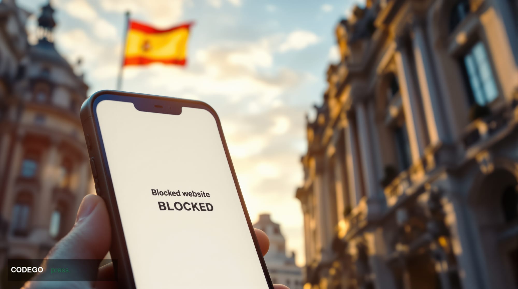 A dramatic editorial photograph of Spanish government regulatory buildings in Madrid, shot during golden hour with warm amber