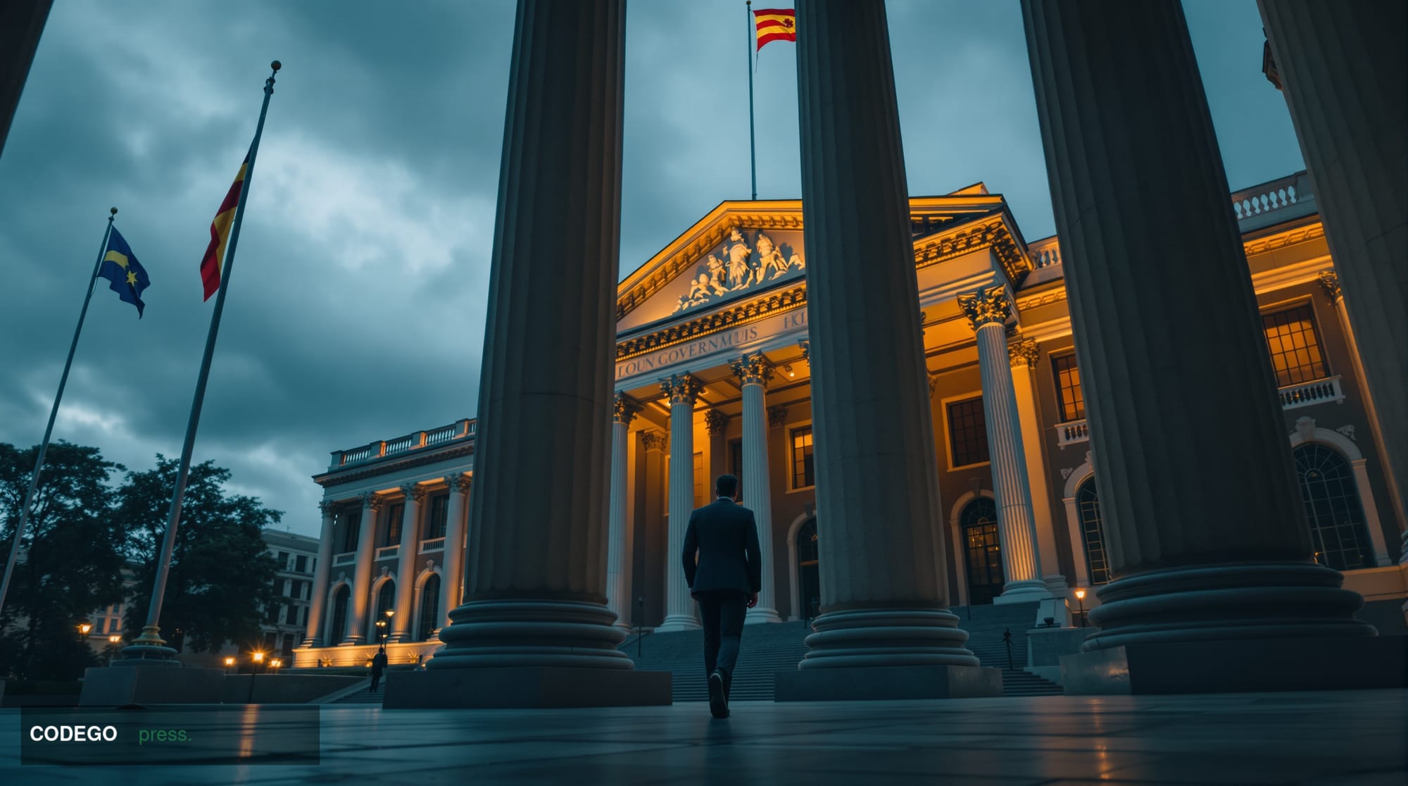A dramatic editorial photograph showing the iconic Spanish government buildings in Madrid with the distinctive architecture o