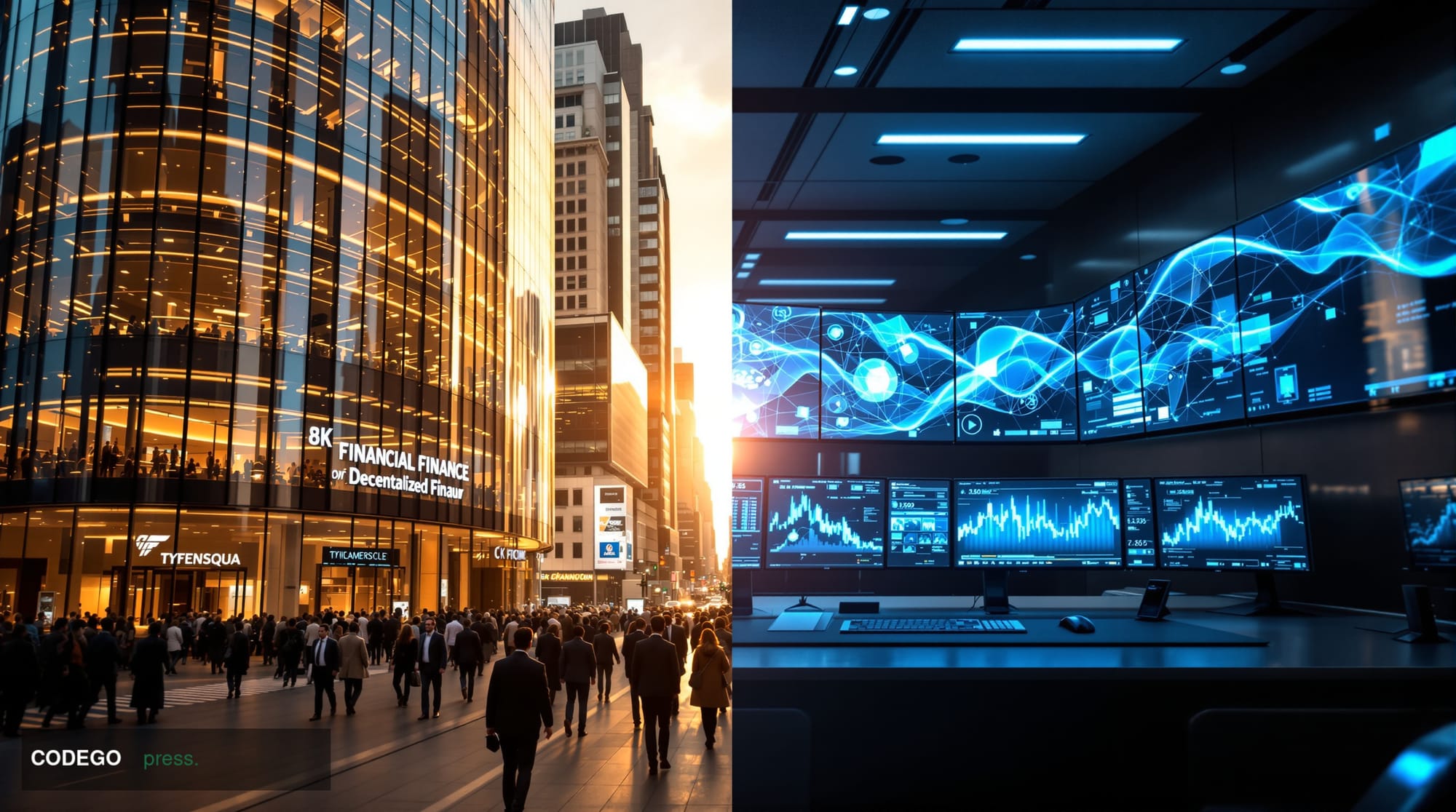 A dramatic split-screen composition showing the contrast between traditional and decentralized finance. Left side: the iconic