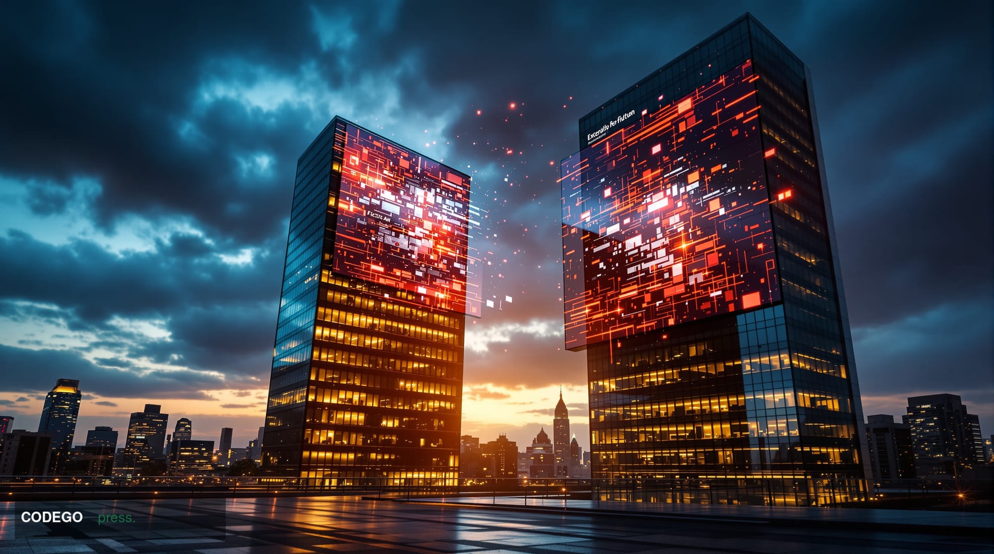 A dramatic photorealistic editorial scene showing the stark contrast between corporate success and digital vulnerability. In 