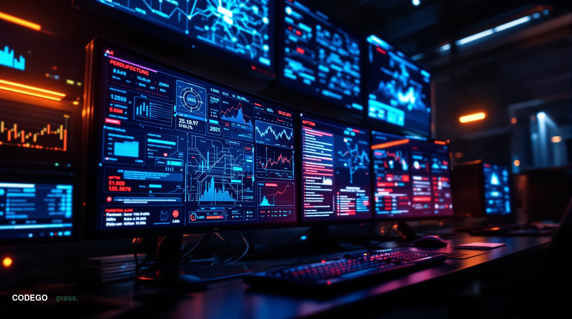 A dramatic photorealistic editorial photograph showing a darkened computer security operations center with multiple monitors 