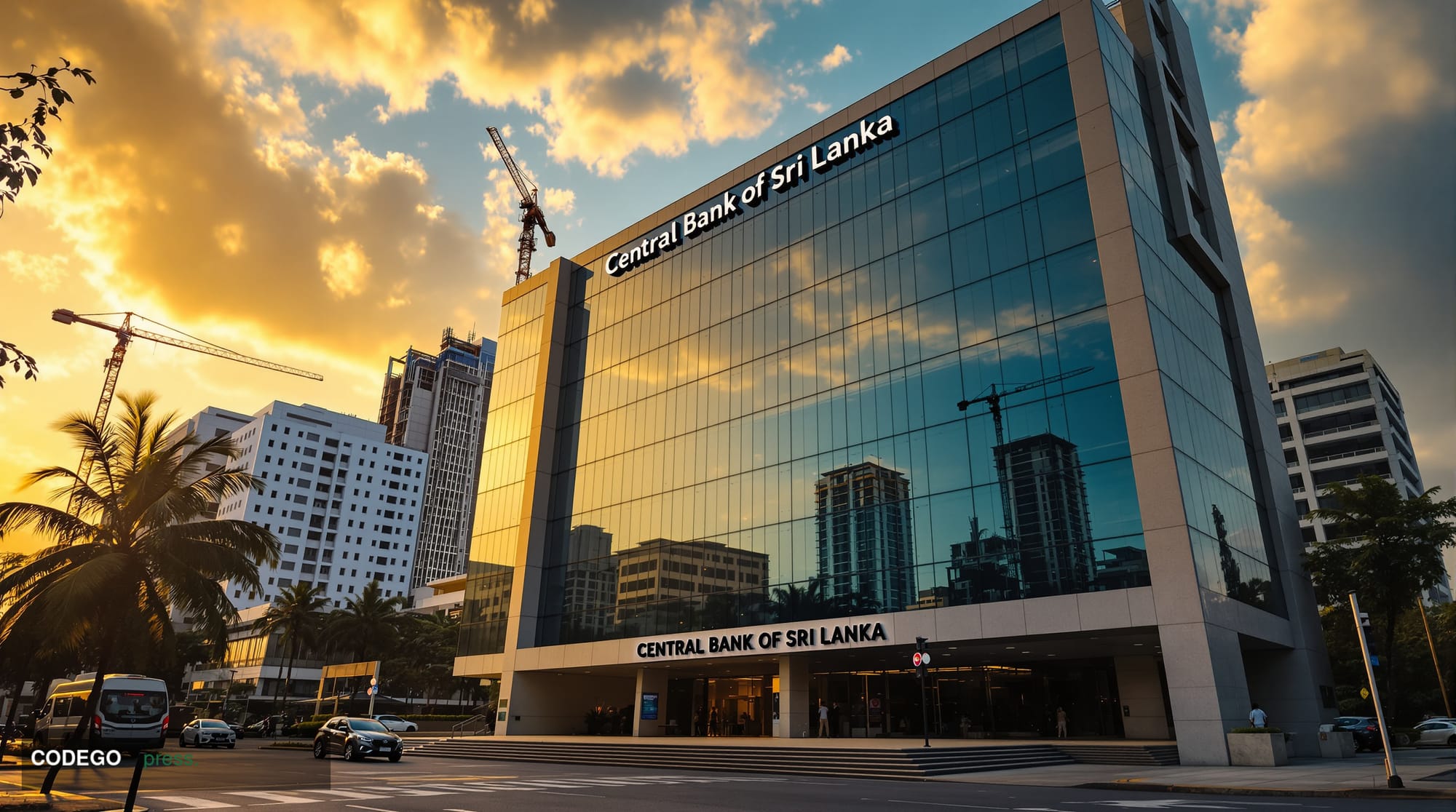 A photorealistic editorial photograph capturing the Central Bank of Sri Lanka's imposing modern headquarters building in Colo