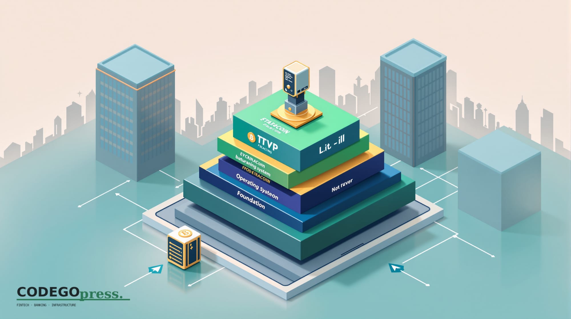 flat 3D isometric vector editorial illustration, banking-green primary (#1A6B43), cream background, gold and navy accents, so