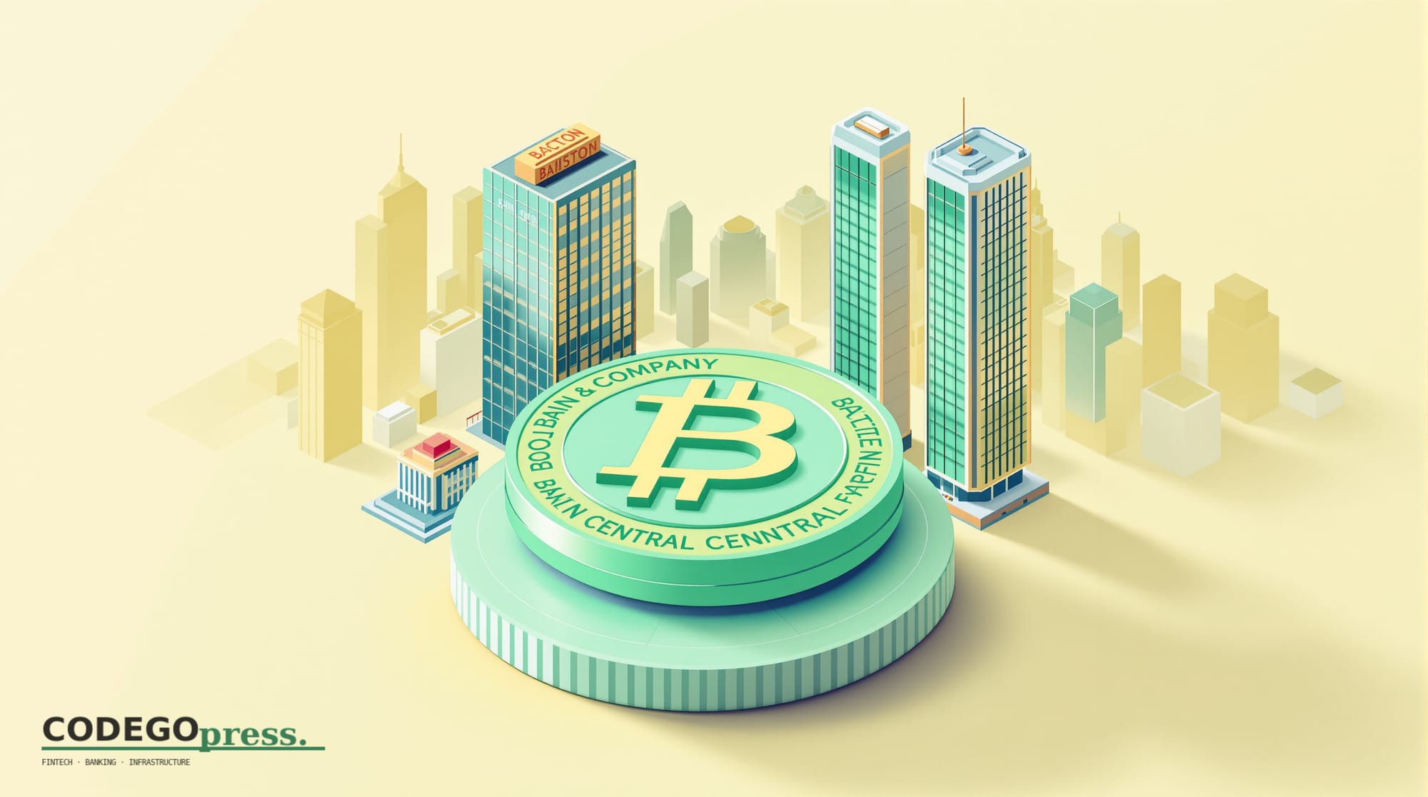 Large stablecoin token (circular mint-green design with banking-safe silhouette, not readable text) in centre, Bain & Company