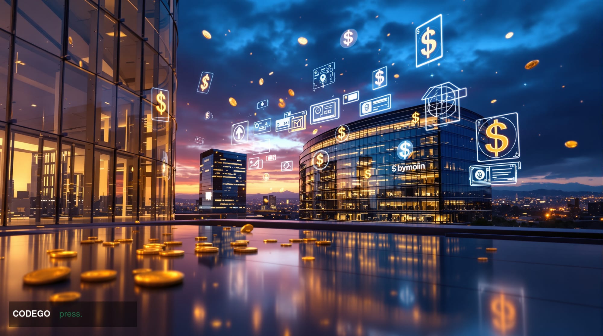 A photorealistic editorial photograph showcasing the intersection of traditional technology giants and digital currency innov