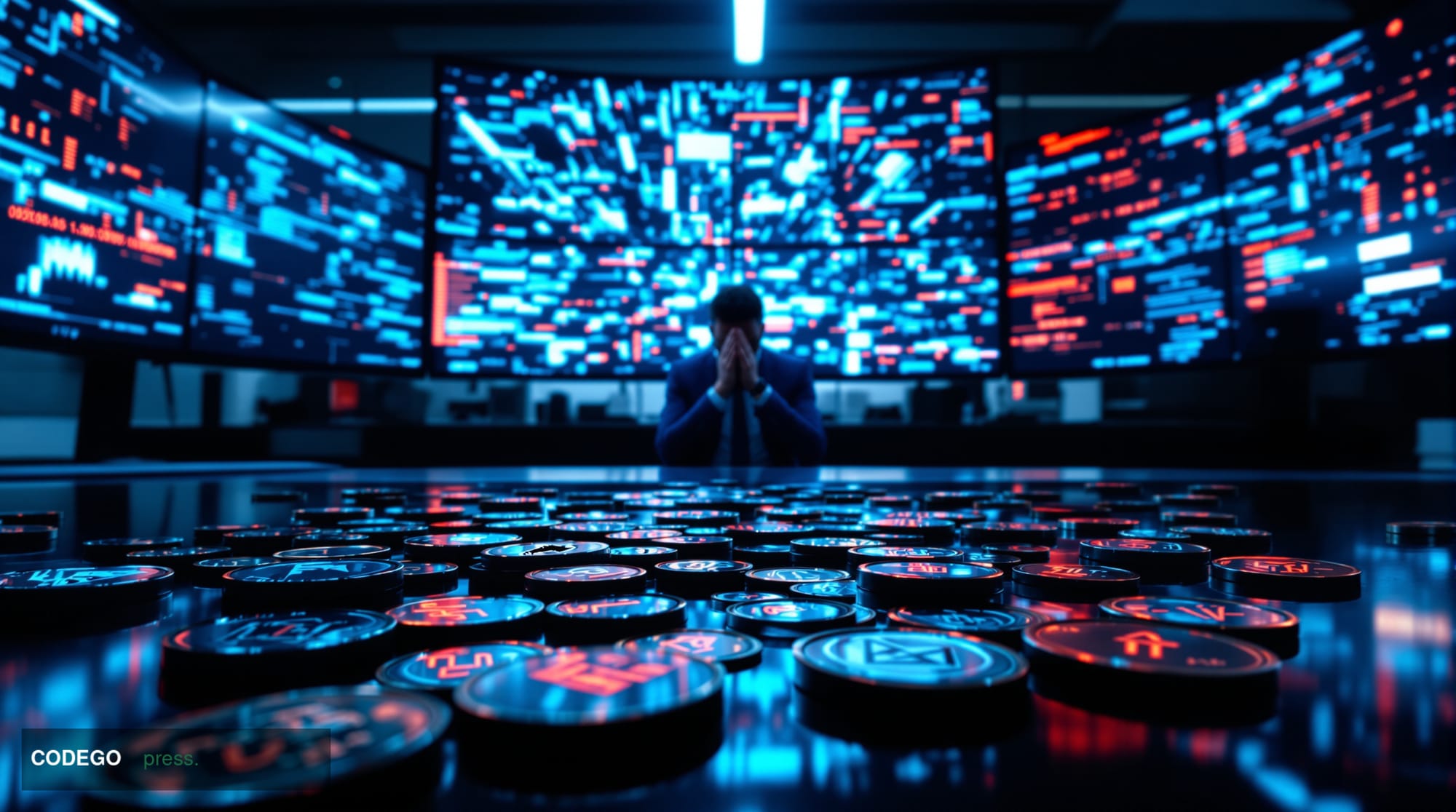 A dramatic photorealistic editorial photograph capturing the aftermath of a major cryptocurrency security breach. The scene s