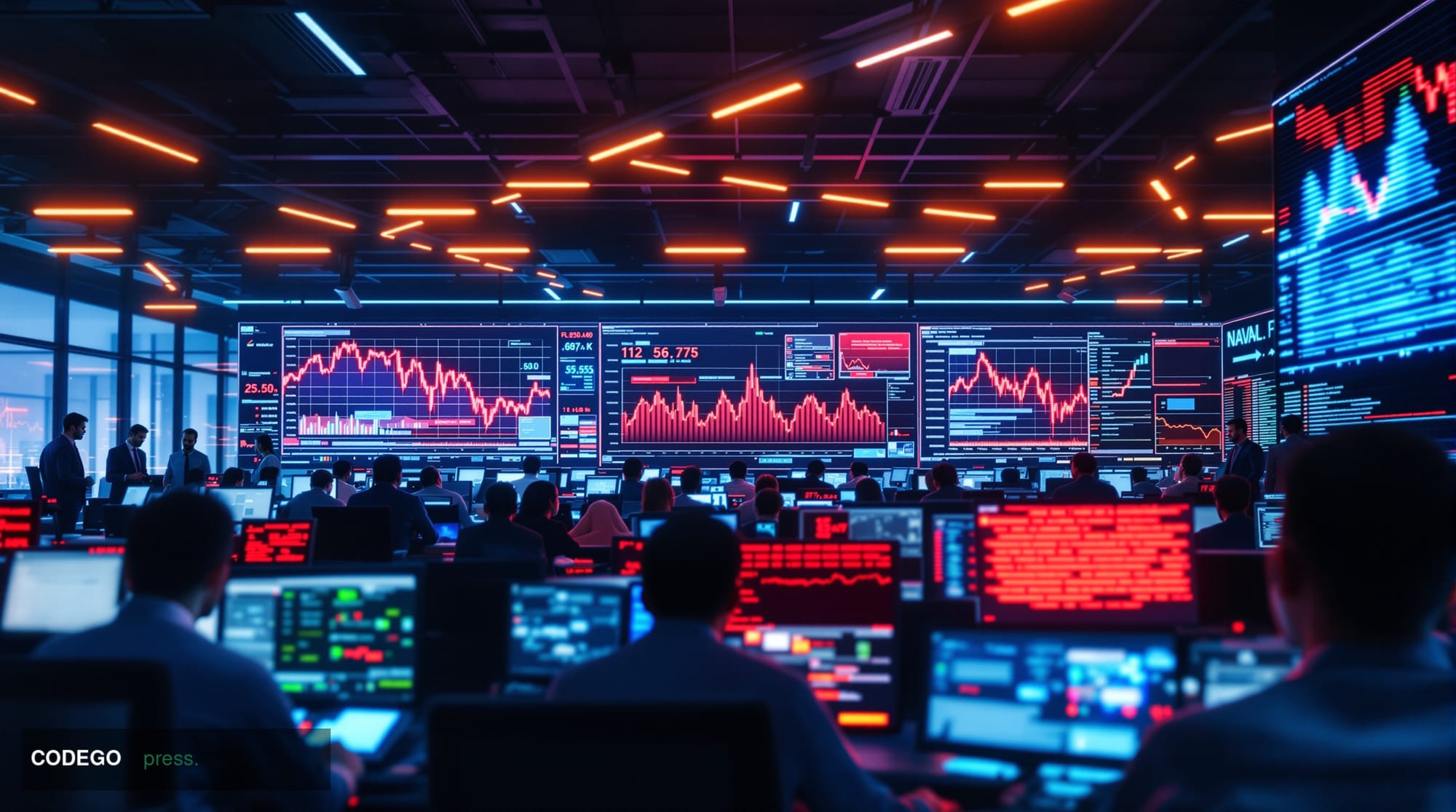 A photorealistic editorial photograph showing a modern cryptocurrency exchange trading floor or fintech office environment in