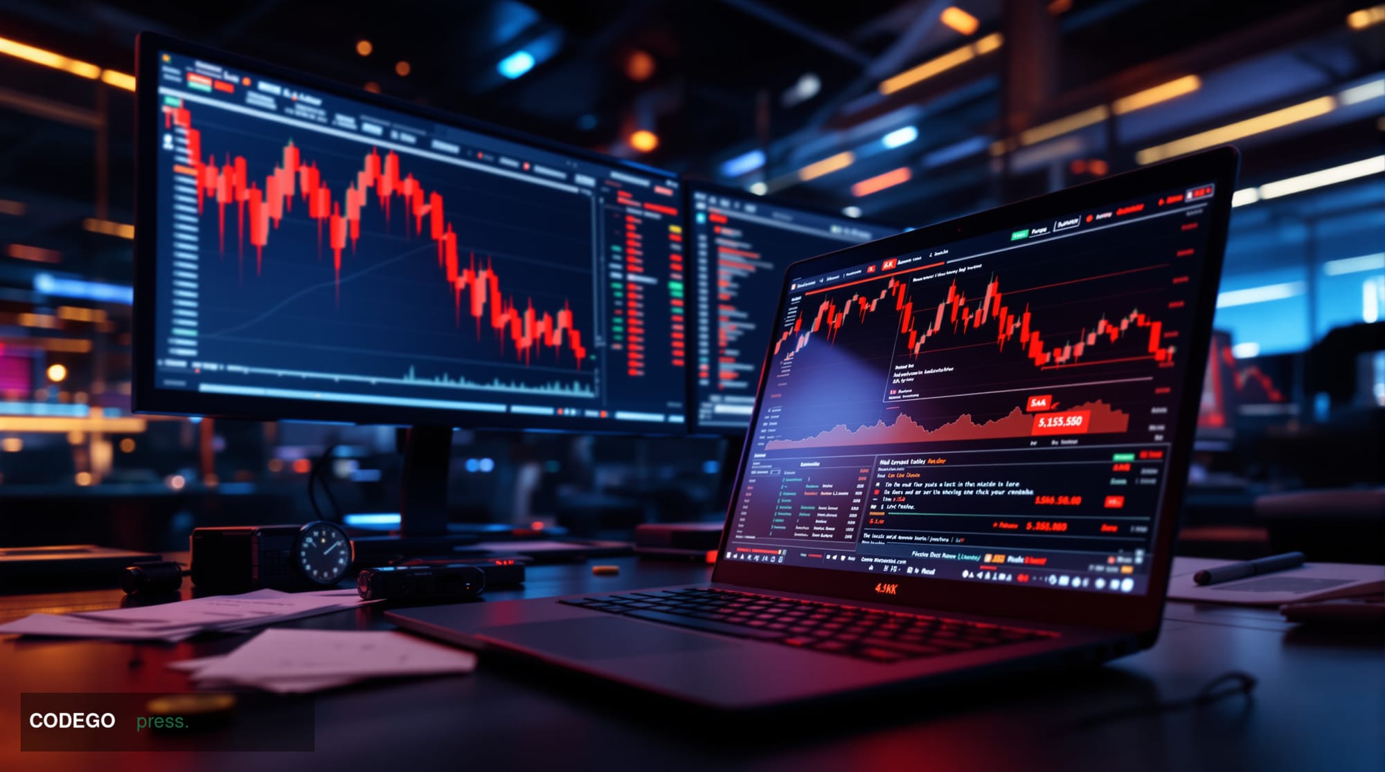 A dramatic photorealistic editorial photograph showing a high-tech cybersecurity breach visualization in a modern cryptocurre