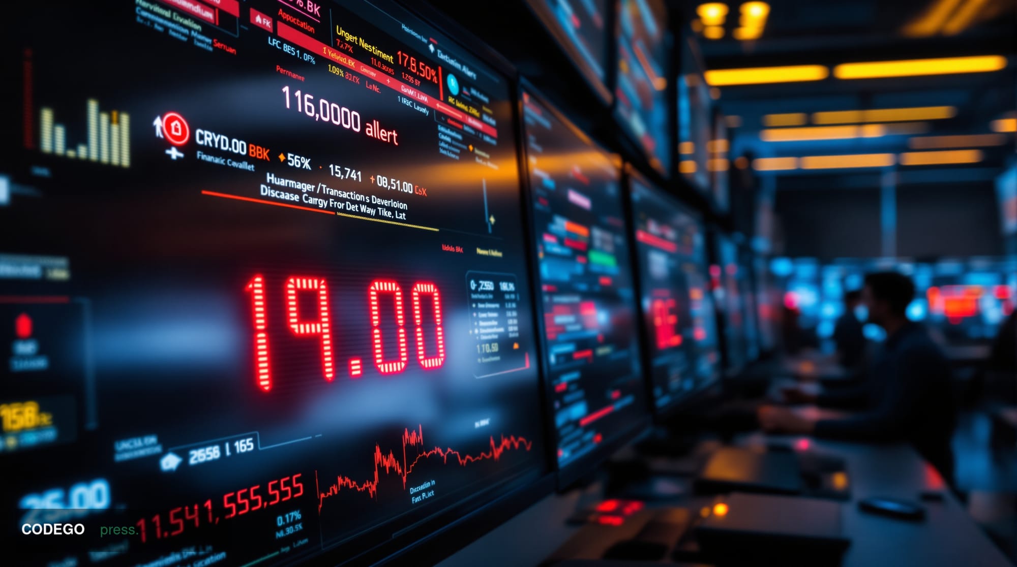 A photorealistic editorial photograph showing a high-tech cryptocurrency trading floor or blockchain security operations cent