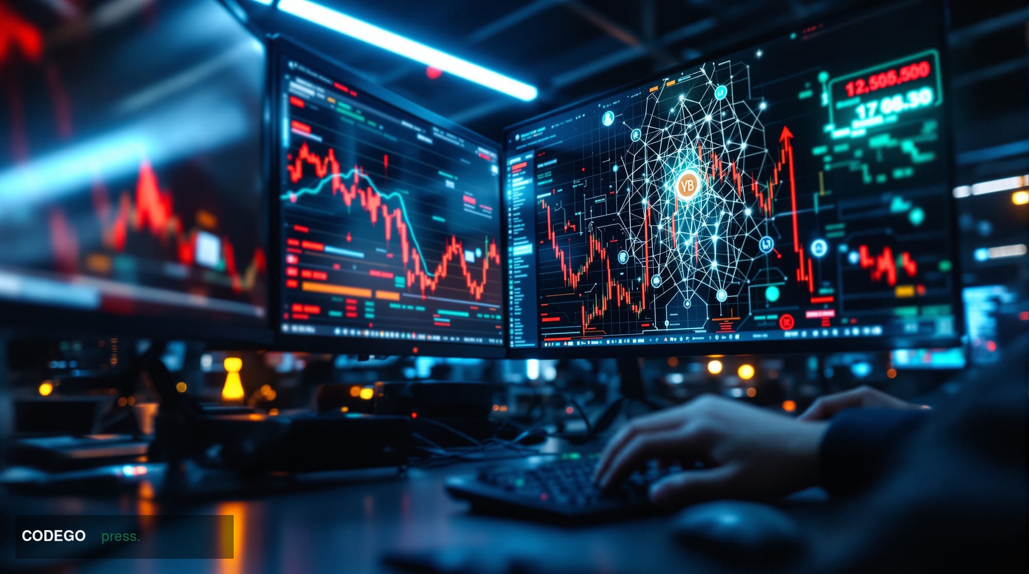 Photorealistic editorial photograph capturing a modern cryptocurrency trading floor or DeFi development workspace in crisis m