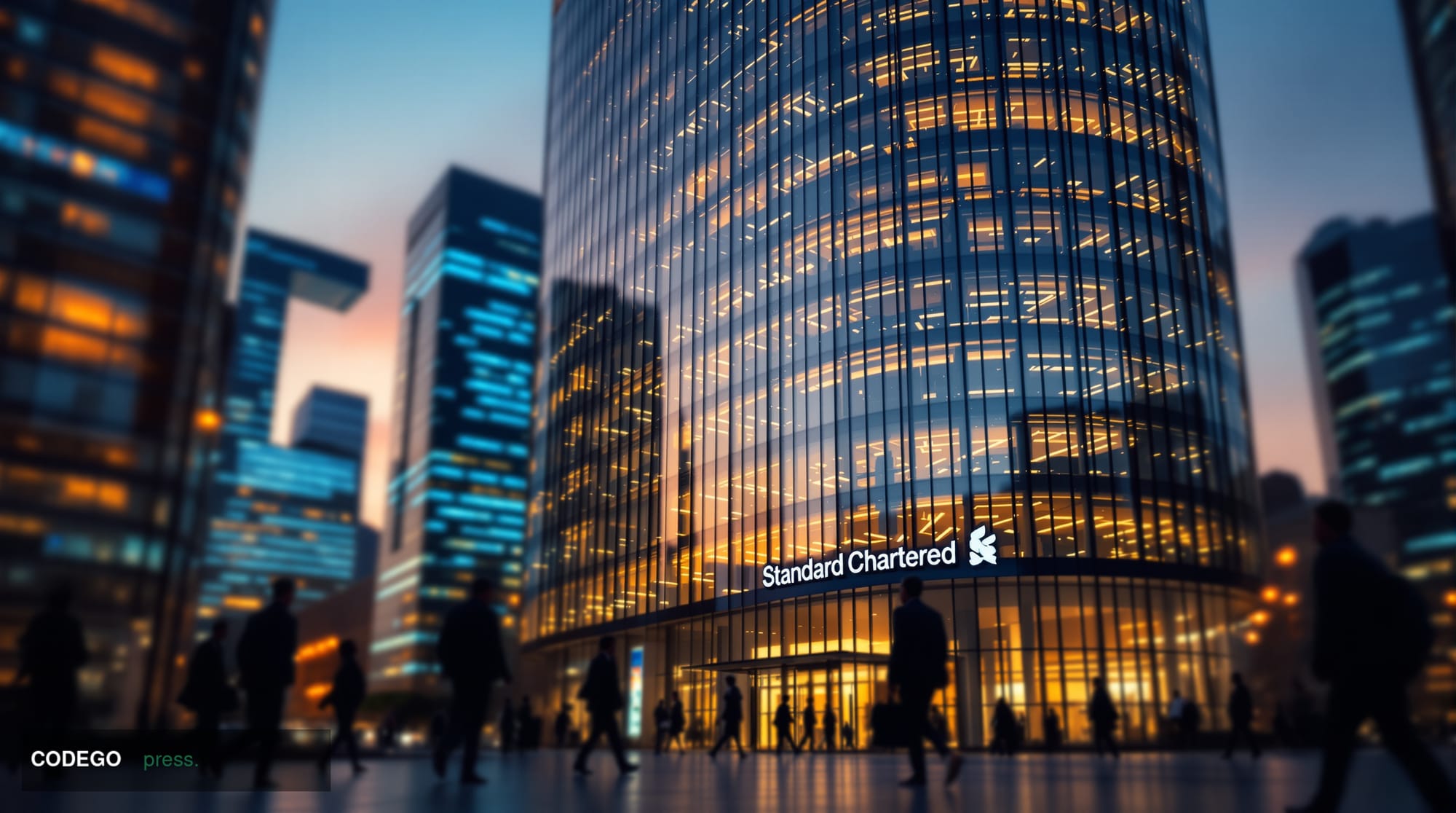 A photorealistic editorial photograph capturing Standard Chartered's London headquarters at 1 Basinghall Avenue in the City o