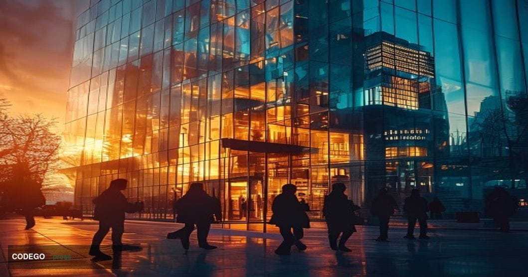 A cinematic editorial photograph of Standard Chartered's distinctive London headquarters building at 1 Basinghall Avenue, sho