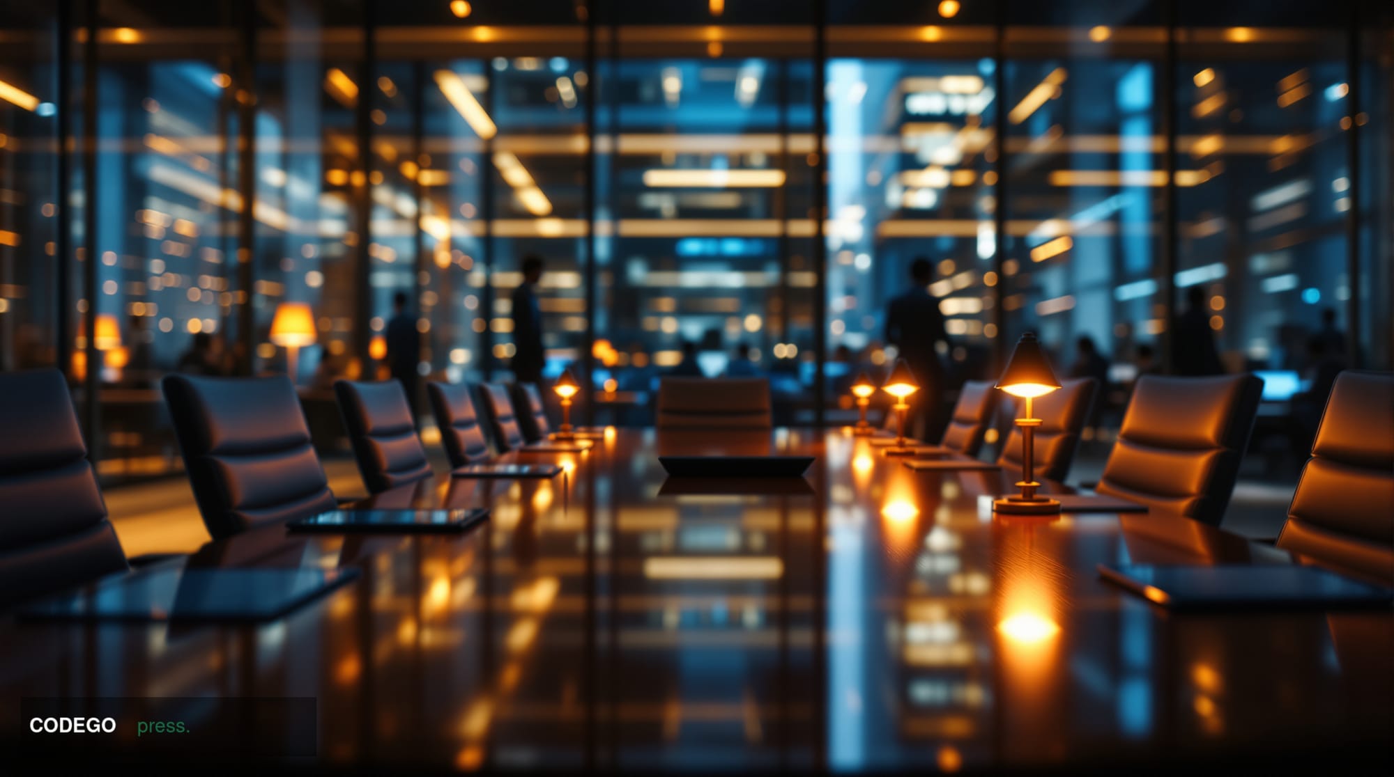 A cinematic editorial photograph capturing the tension of AI transformation in banking through a dramatic boardroom scene. Th