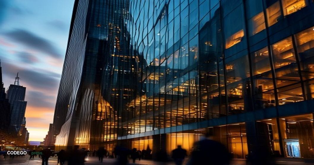 A cinematic editorial photograph of Standard Chartered's iconic London headquarters building at 1 Basinghall Avenue, shot dur