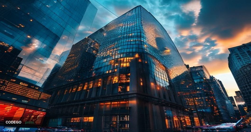 A photorealistic editorial photograph showing the Standard Chartered headquarters building in London's financial district dur