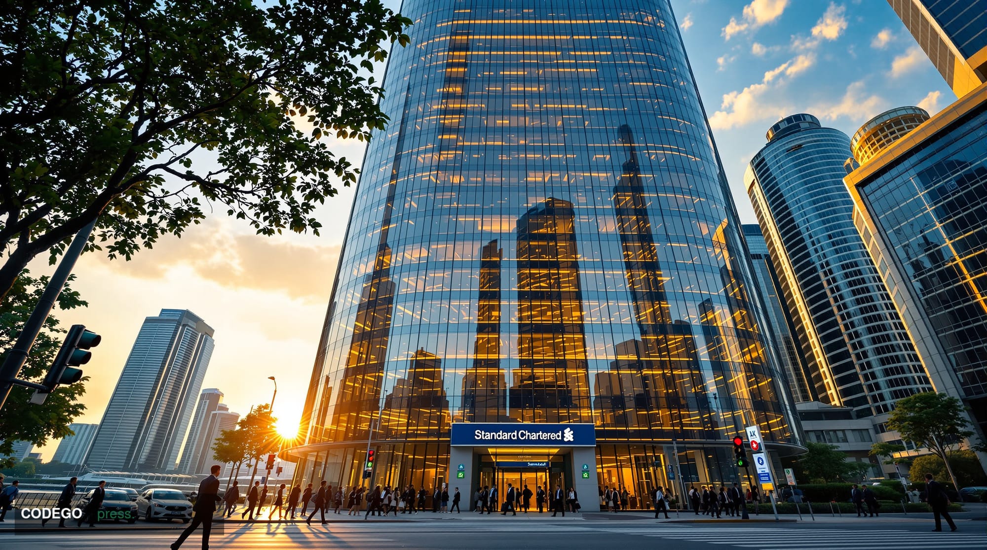 A photorealistic editorial photograph showing the imposing Standard Chartered headquarters building in Singapore's financial 