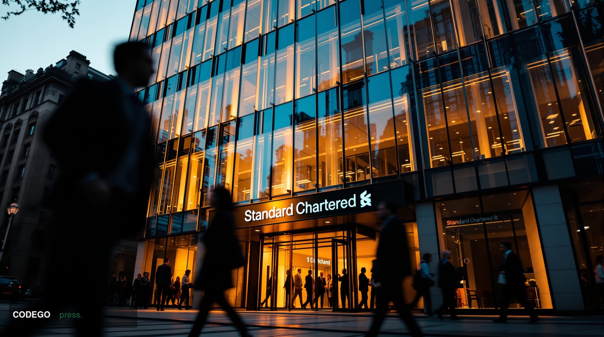 A cinematic editorial photograph of Standard Chartered's iconic London headquarters at 1 Basinghall Avenue, shot from a low a