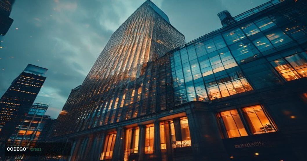 A cinematic editorial photograph of Standard Chartered's iconic London headquarters building at 1 Basinghall Avenue, shot fro