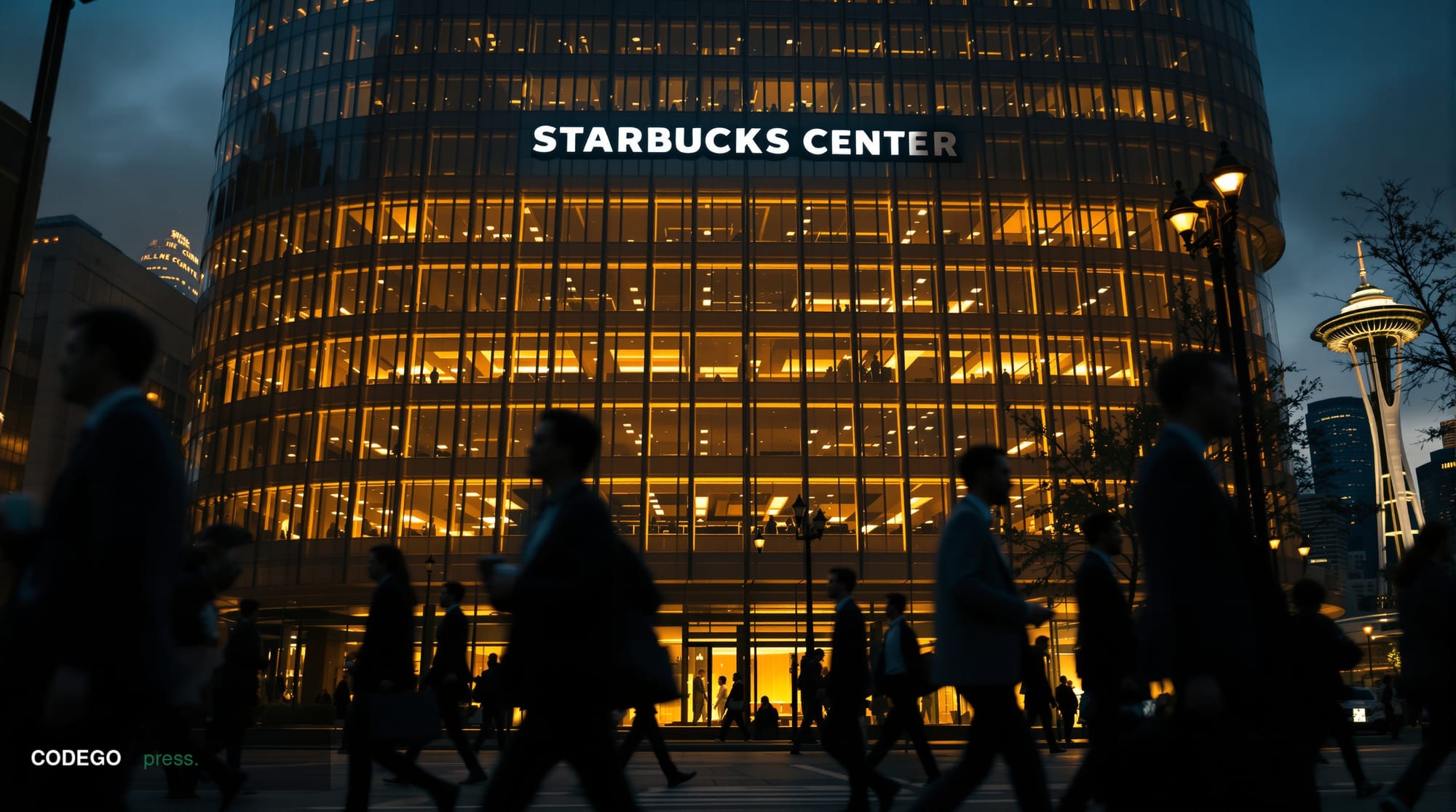 A cinematic editorial photograph capturing the stark contrast between corporate success and employee displacement at Starbuck