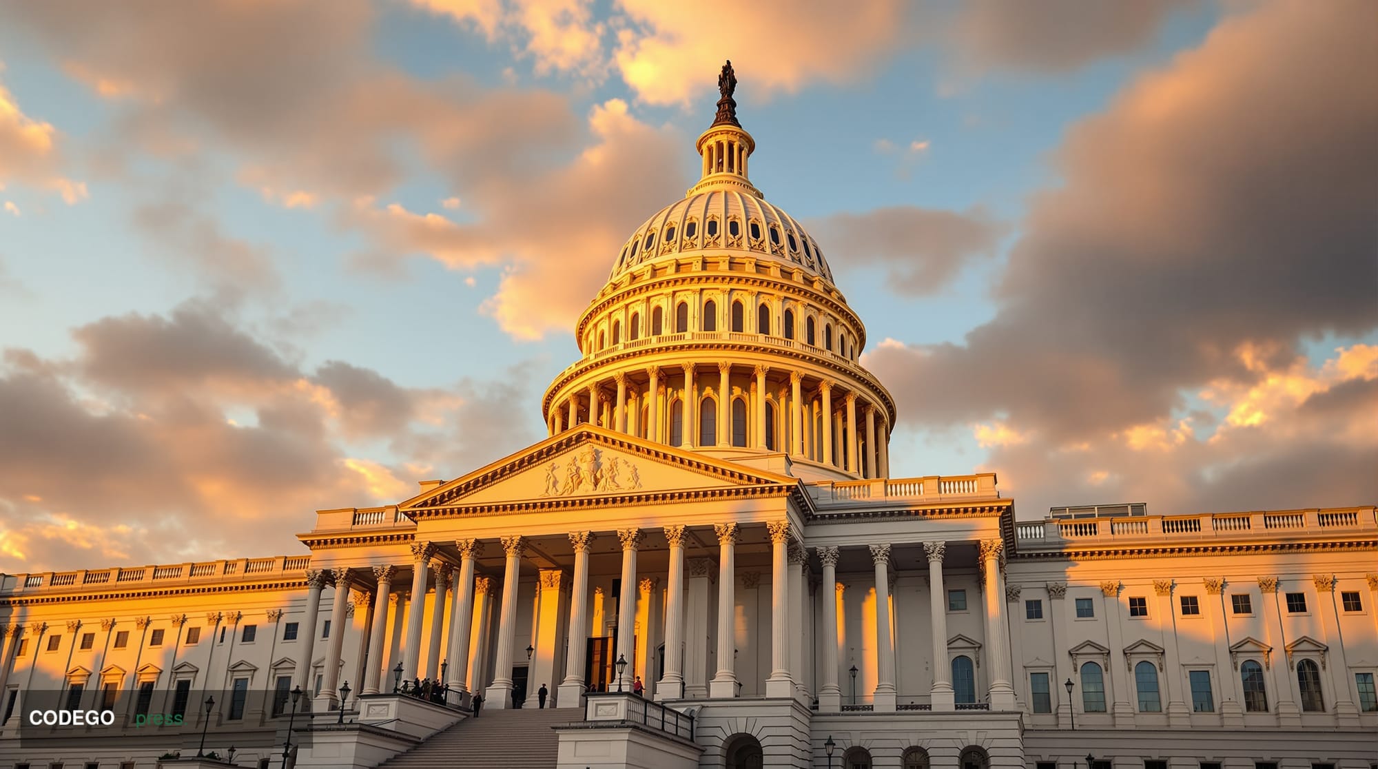 A dramatic photorealistic editorial photograph of the US Capitol building's distinctive dome and neoclassical architecture sh