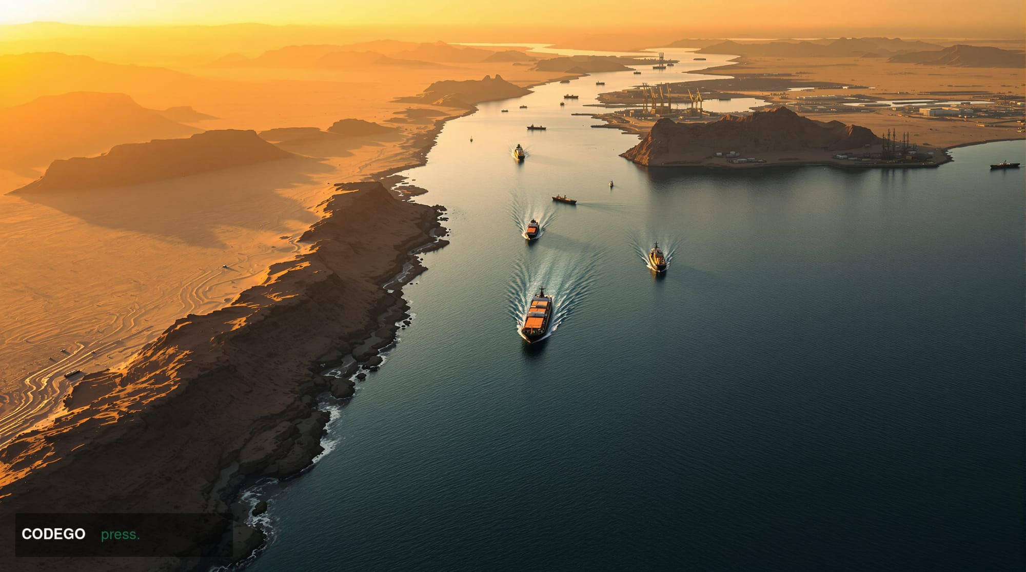 A dramatic photorealistic aerial view of the Strait of Hormuz at golden hour, showing the narrow waterway between Iran and Om
