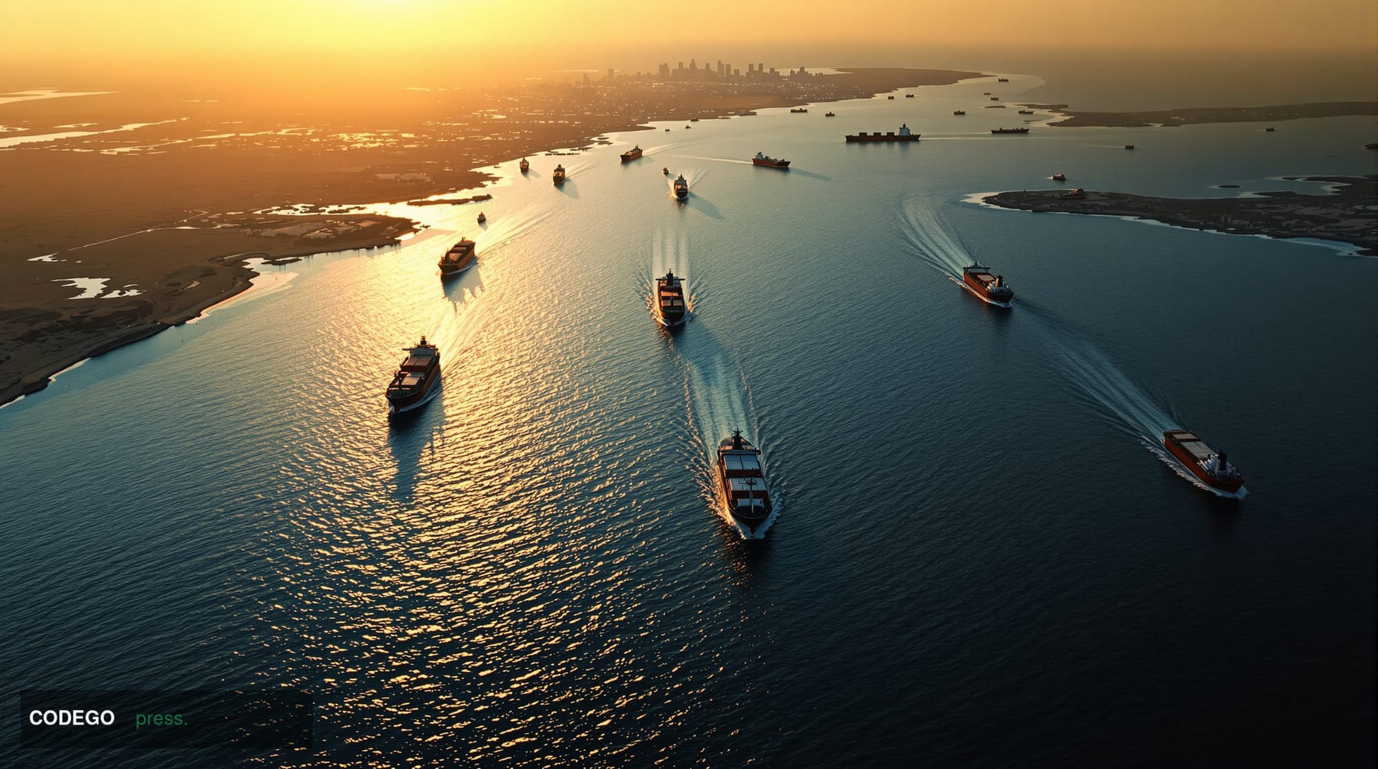 A dramatic photorealistic aerial view of the Strait of Hormuz at golden hour, showing the narrow waterway between Iran and Om