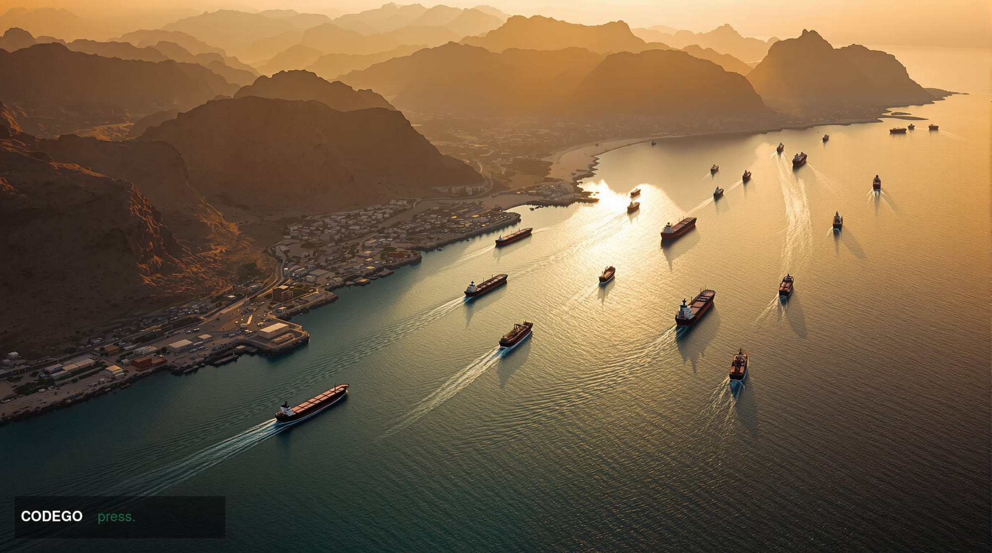 A dramatic photorealistic aerial view of the Strait of Hormuz at golden hour, showing the narrow waterway between Iran and Om