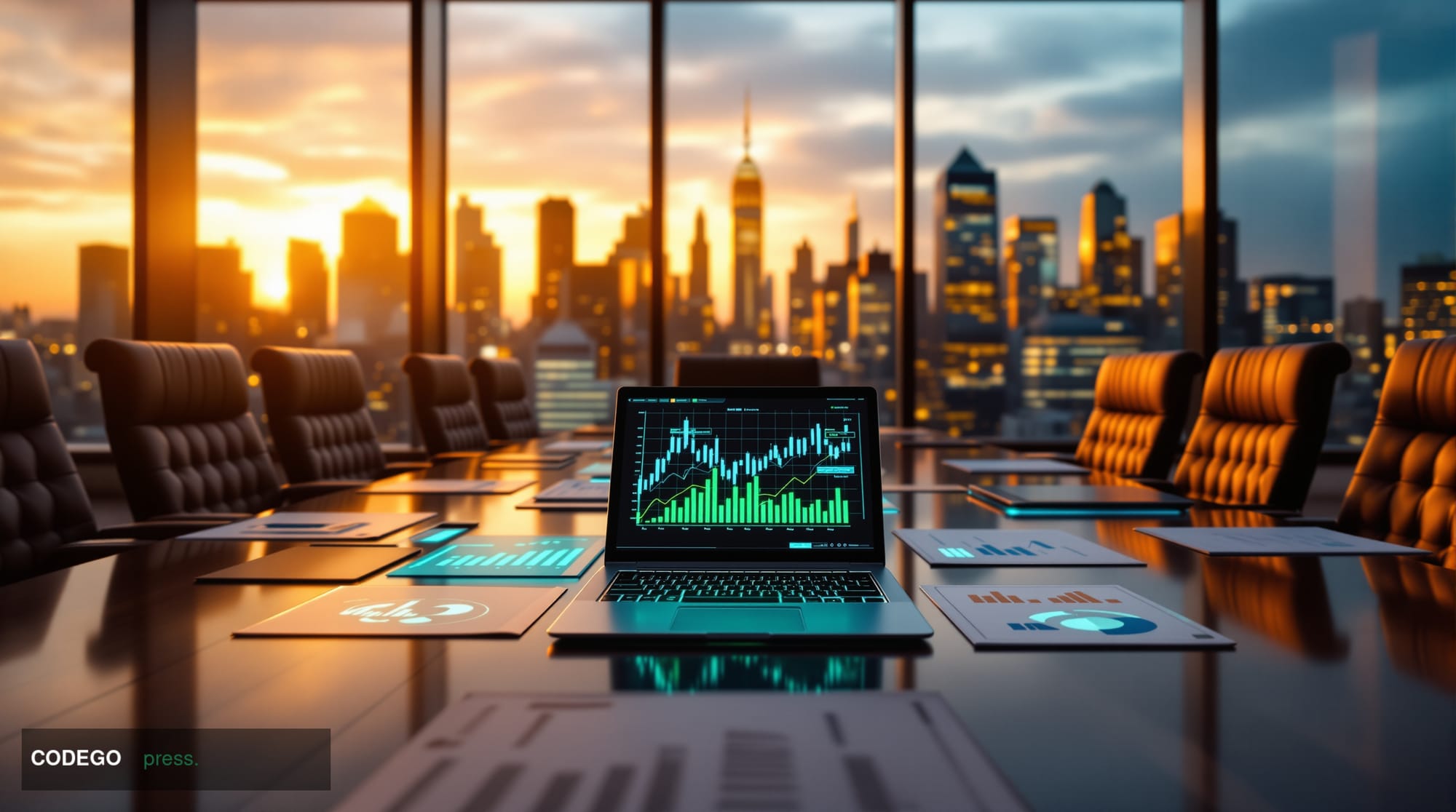 A photorealistic editorial photograph capturing the tension between traditional corporate finance and digital assets in moder