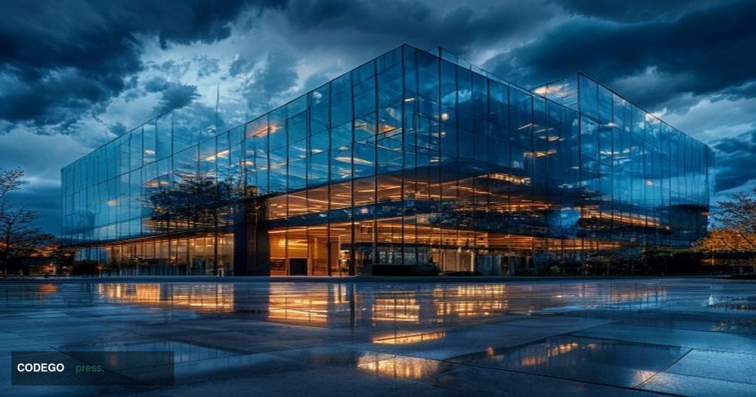 A photorealistic editorial photograph showing a modern corporate headquarters building with glass facades reflecting stormy s
