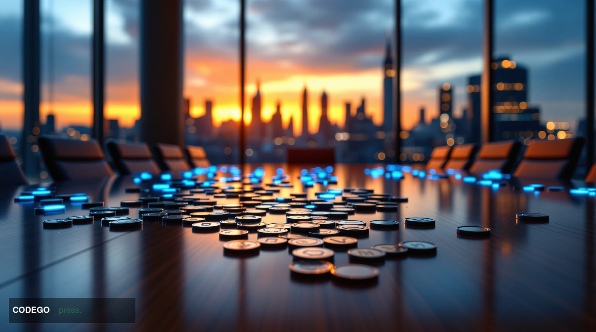 A photorealistic editorial photograph of a modern corporate boardroom with floor-to-ceiling windows overlooking a financial d