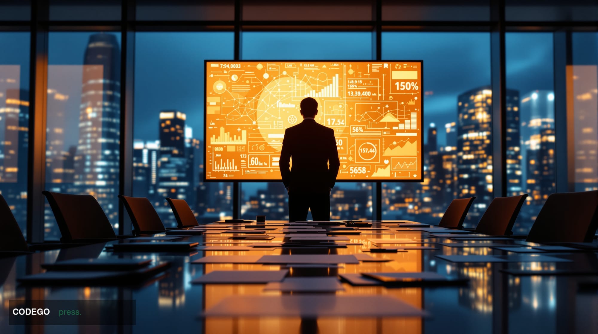 A cinematic editorial photograph of a modern corporate boardroom with floor-to-ceiling windows overlooking a financial distri