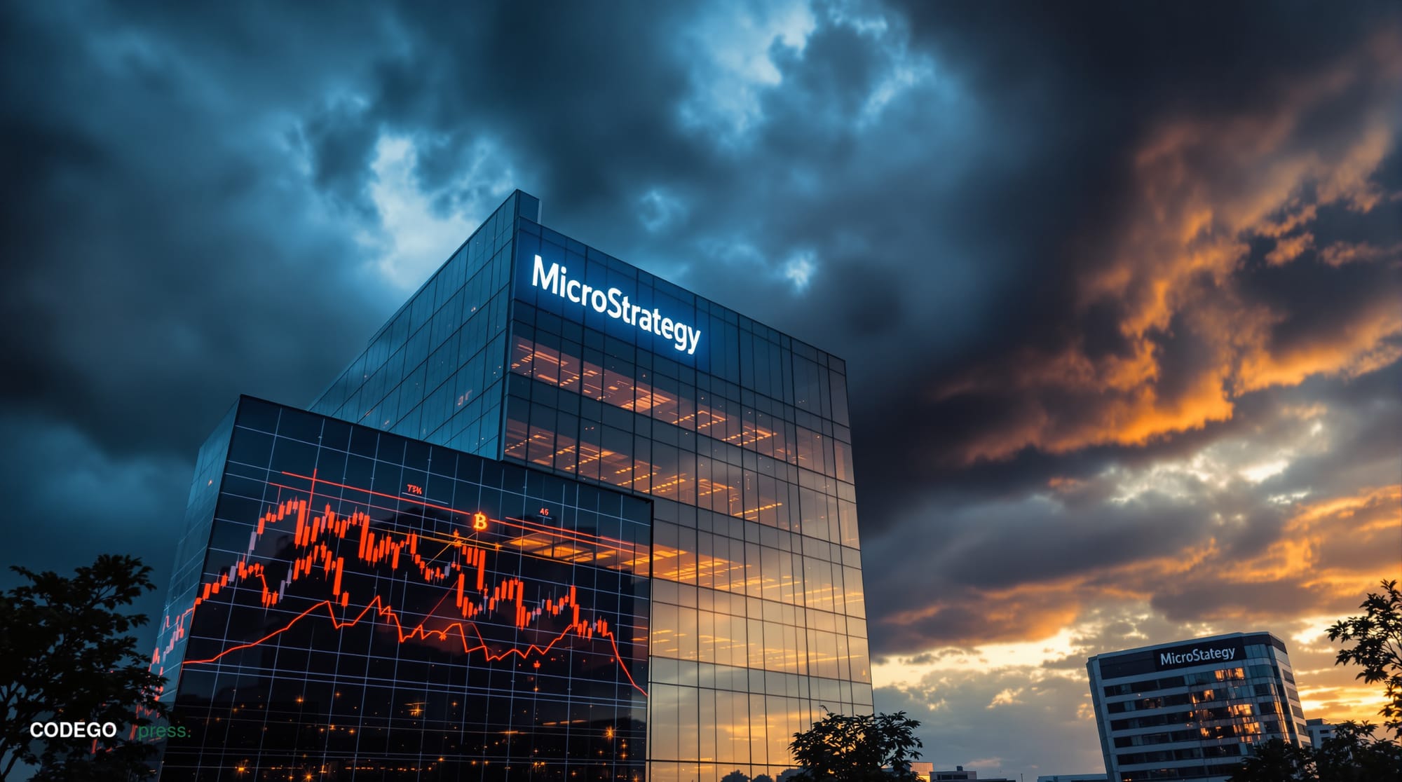A cinematic editorial photograph of Strategy's corporate headquarters in Tysons Corner, Virginia, shot during the golden hour
