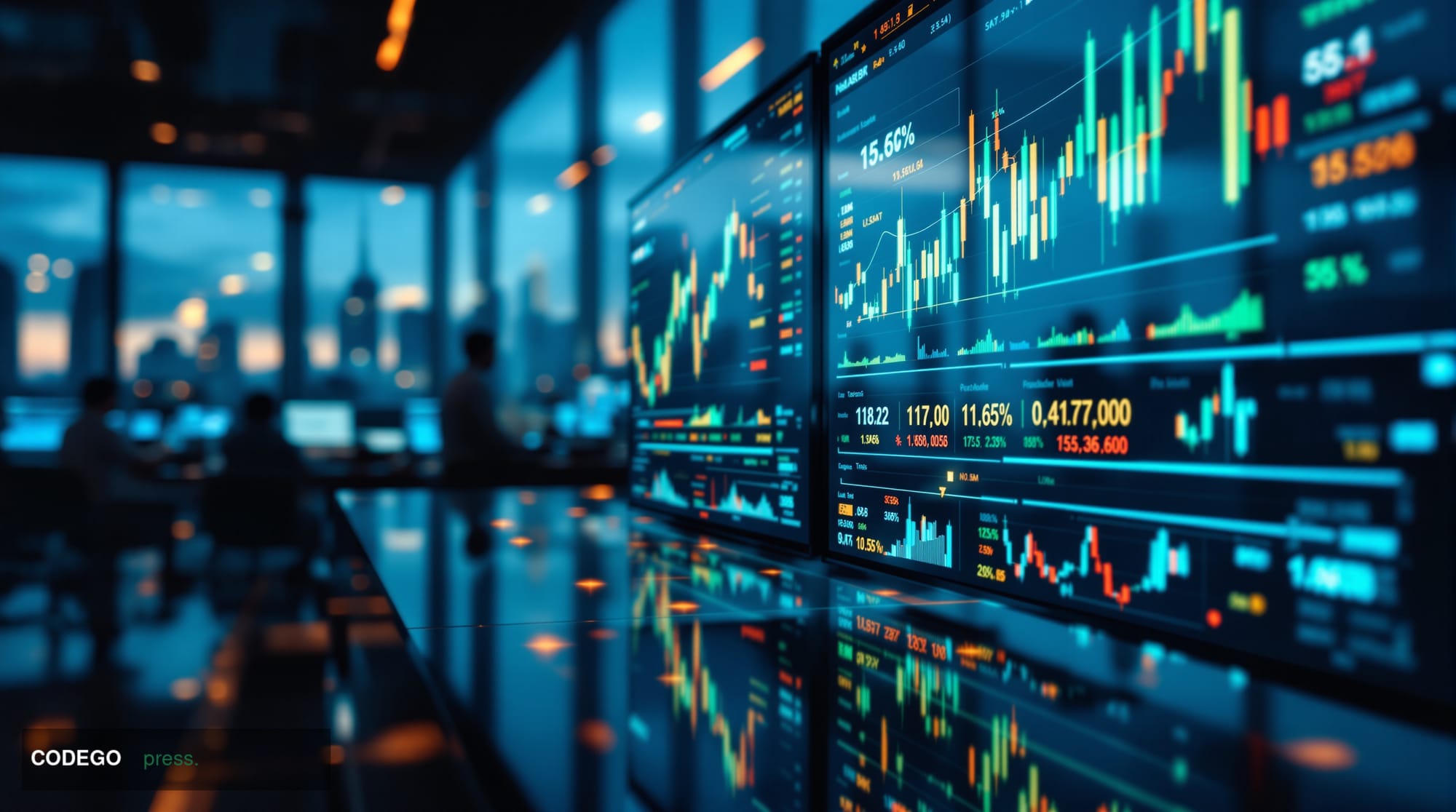 A cinematic editorial photograph of a modern cryptocurrency trading floor or fintech office environment, featuring multiple l
