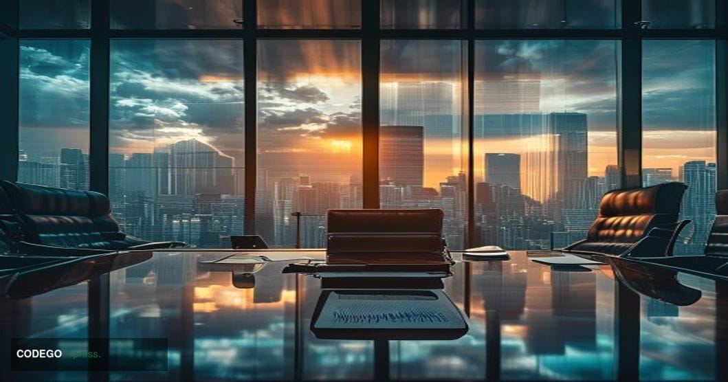 A cinematic editorial photograph of a modern corporate boardroom viewed through floor-to-ceiling glass windows, with empty ex