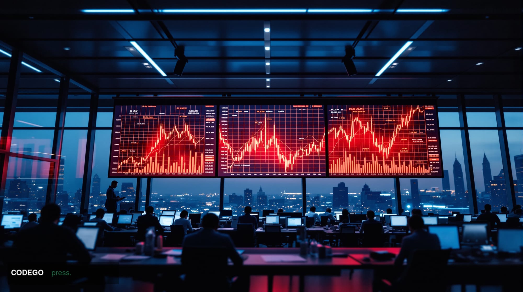 A dramatic cinematic editorial photograph of a modern financial trading floor or investment firm office environment, with mul