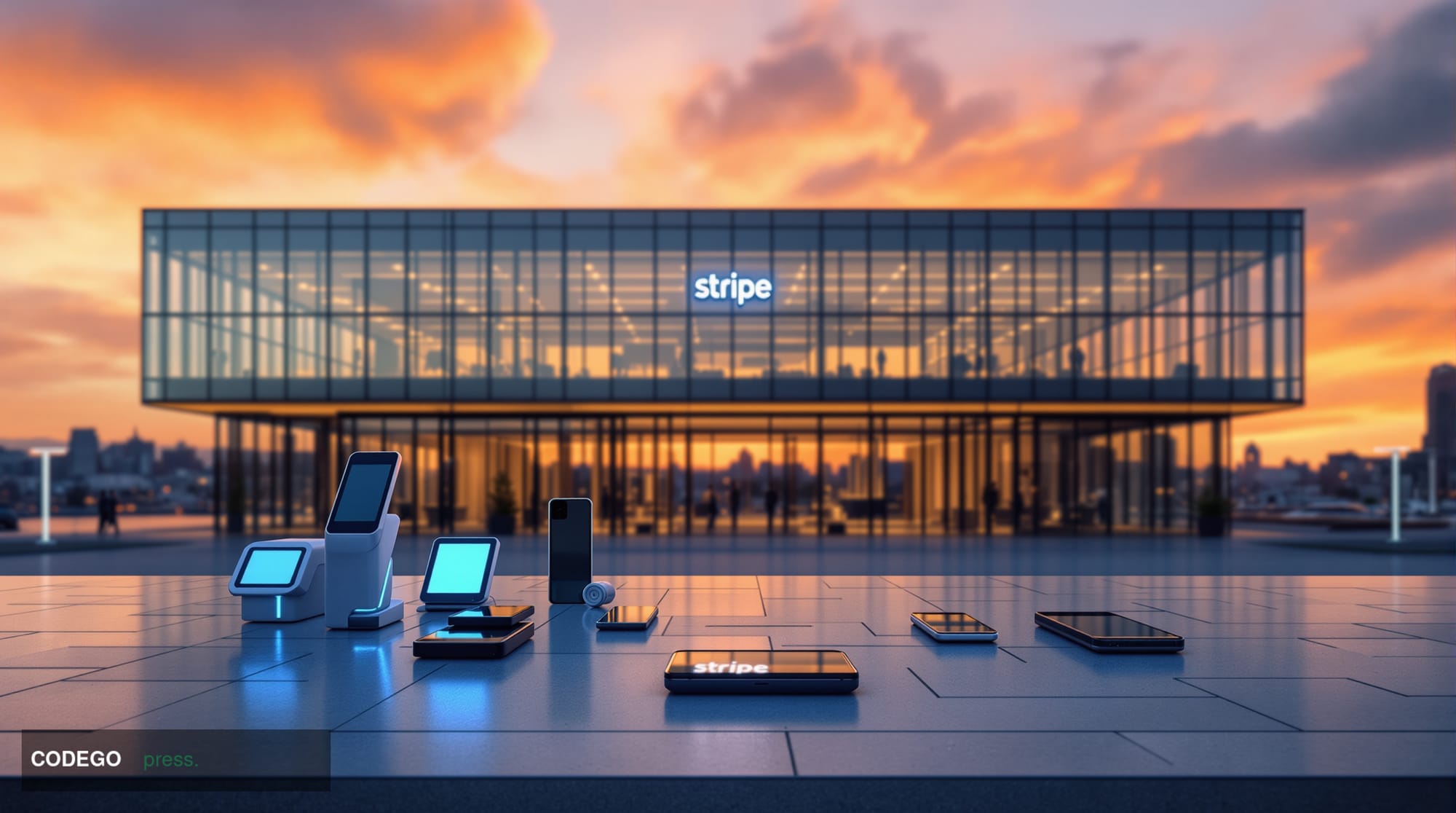 A photorealistic editorial photograph of Stripe's modern San Francisco headquarters at 354 Oyster Point Boulevard, capturing 