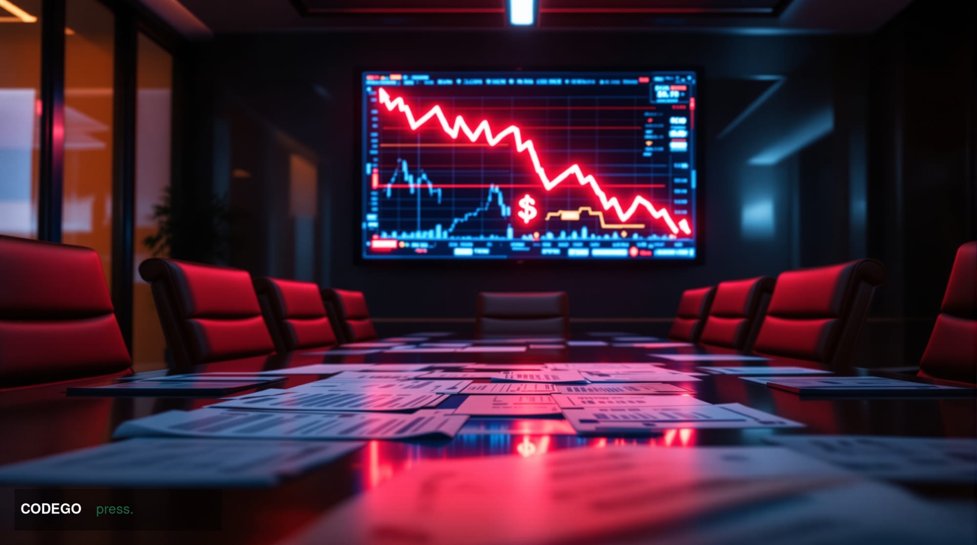 A cinematic editorial photograph of a modern corporate boardroom in dramatic decline, shot from a low angle looking up at an 