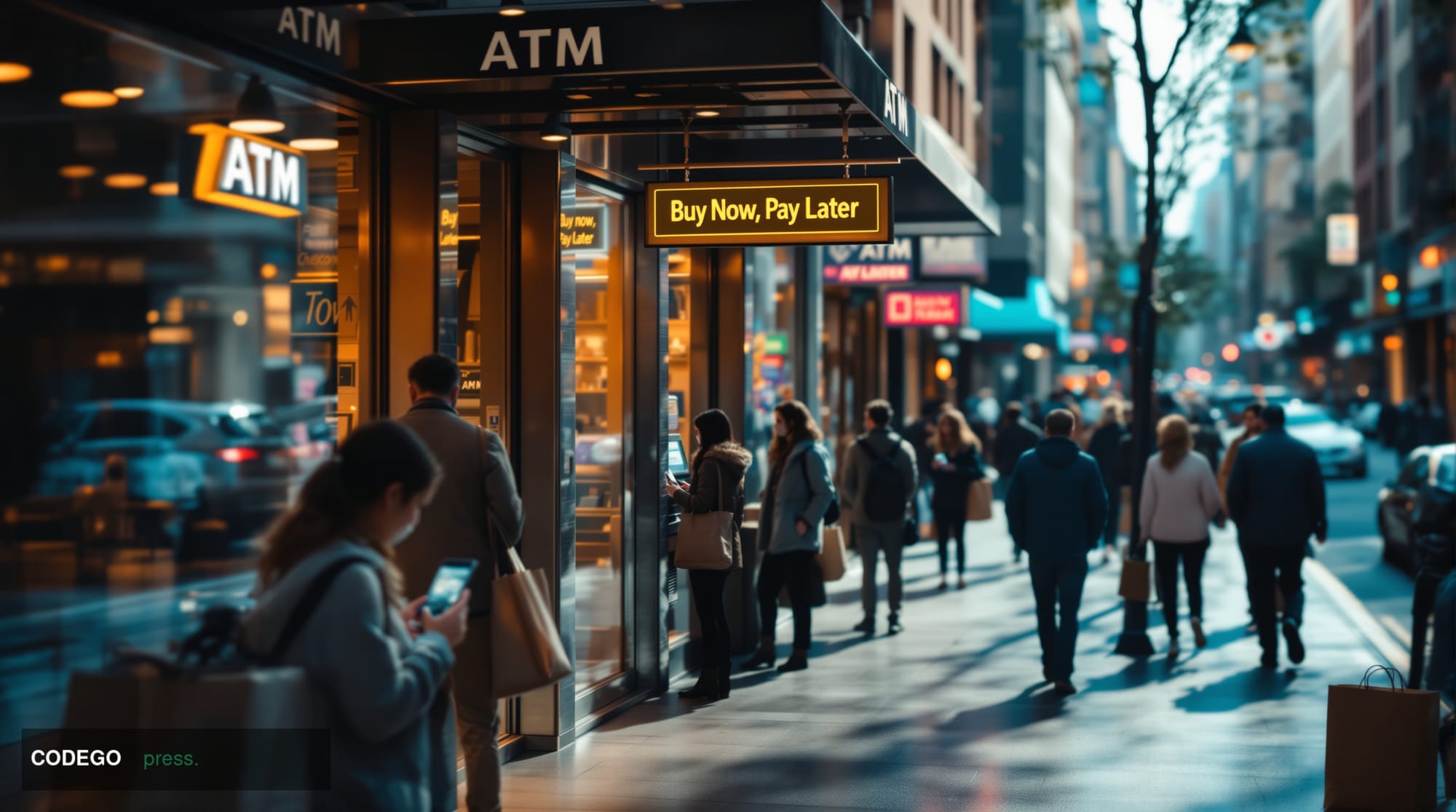 A photorealistic editorial photograph showing a bustling American main street or shopping district from an elevated perspecti