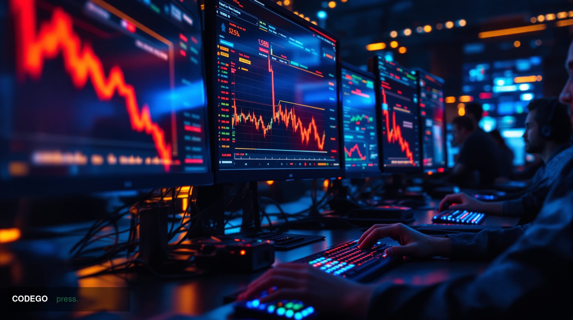 A dramatic cinematic editorial photograph showcasing a modern blockchain technology command center or cryptocurrency trading 