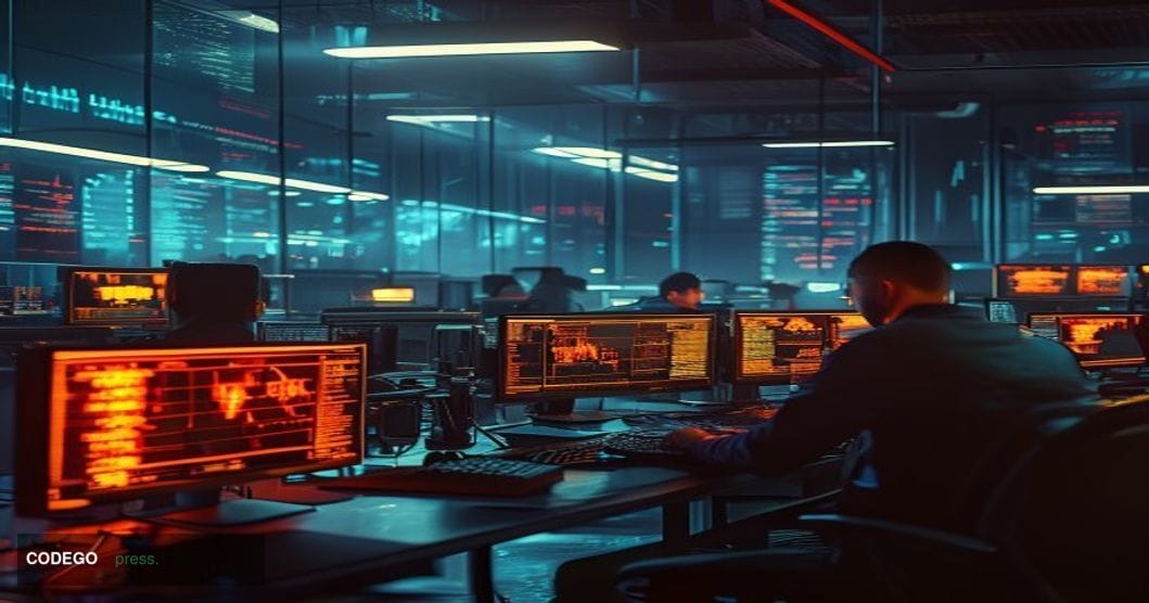 A dramatic photorealistic editorial photograph showing a modern blockchain technology operations center in crisis mode, with 