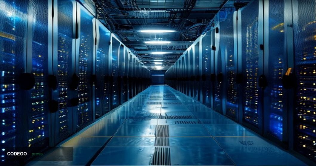 A dramatic cinematic photograph of a modern tech data center with rows of blue-lit server racks stretching into the distance,