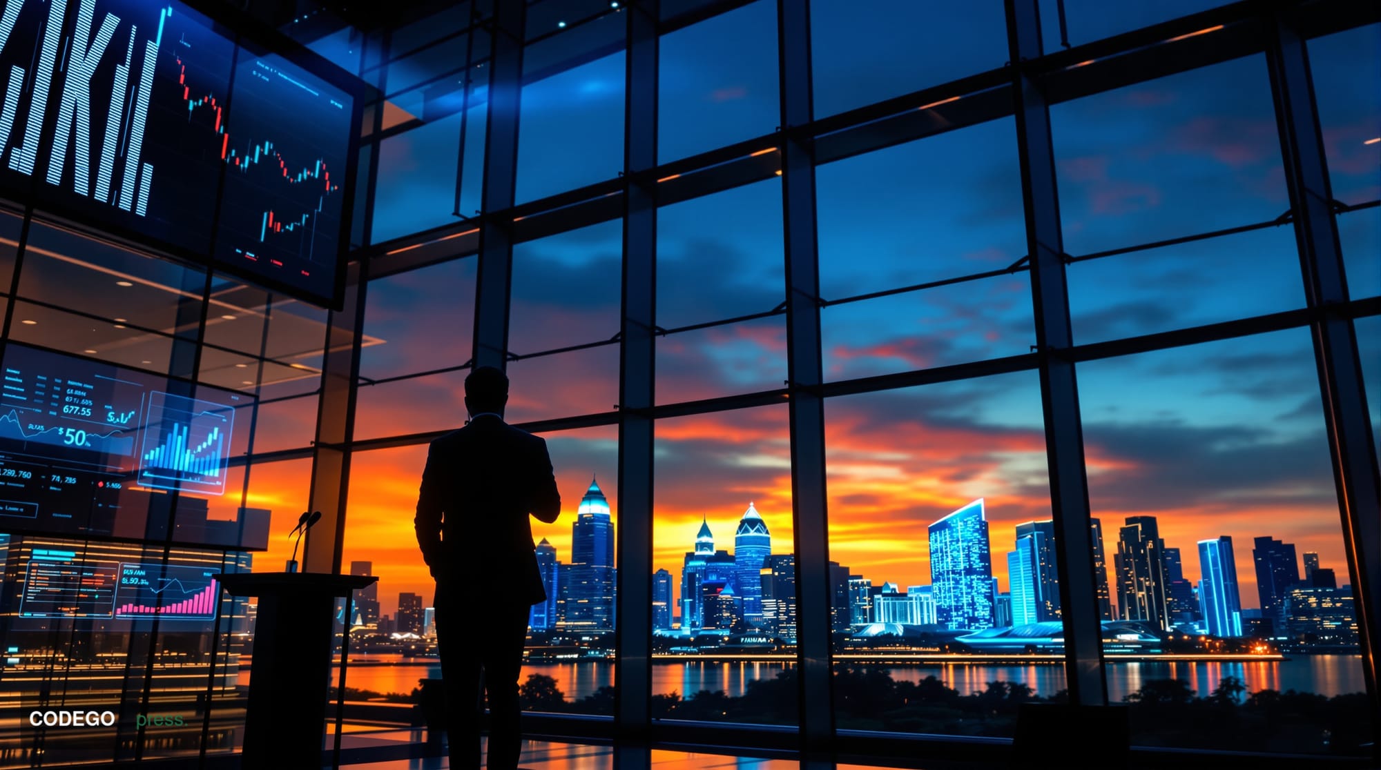 A dramatic photorealistic editorial photograph capturing the essence of blockchain innovation and financial technology surge.