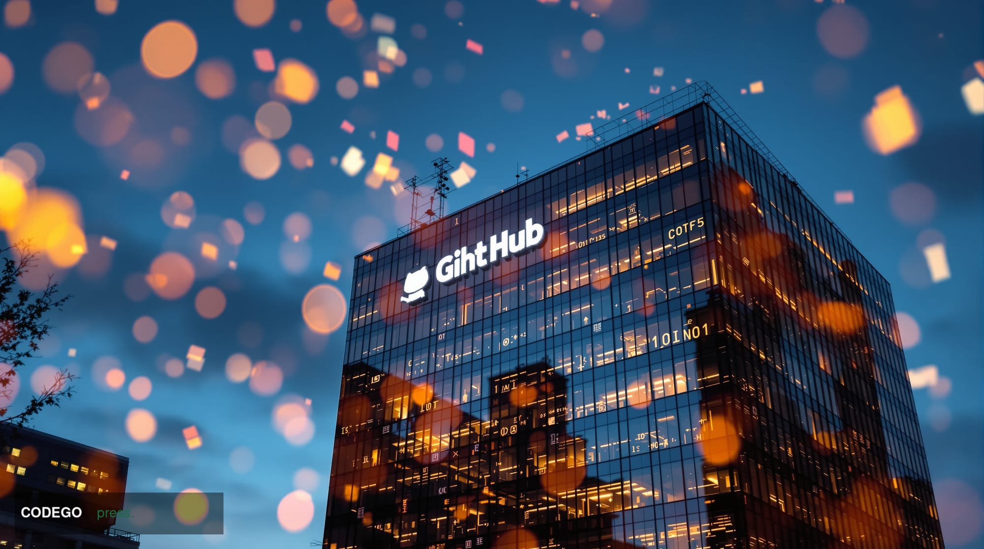 A photorealistic editorial news photograph showing the GitHub headquarters building in San Francisco's South of Market distri