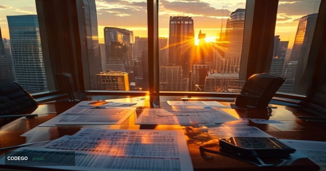 # Image Prompt

A dramatic overhead shot of a modern law office conference room with floor-to-ceiling windows overlooking a d