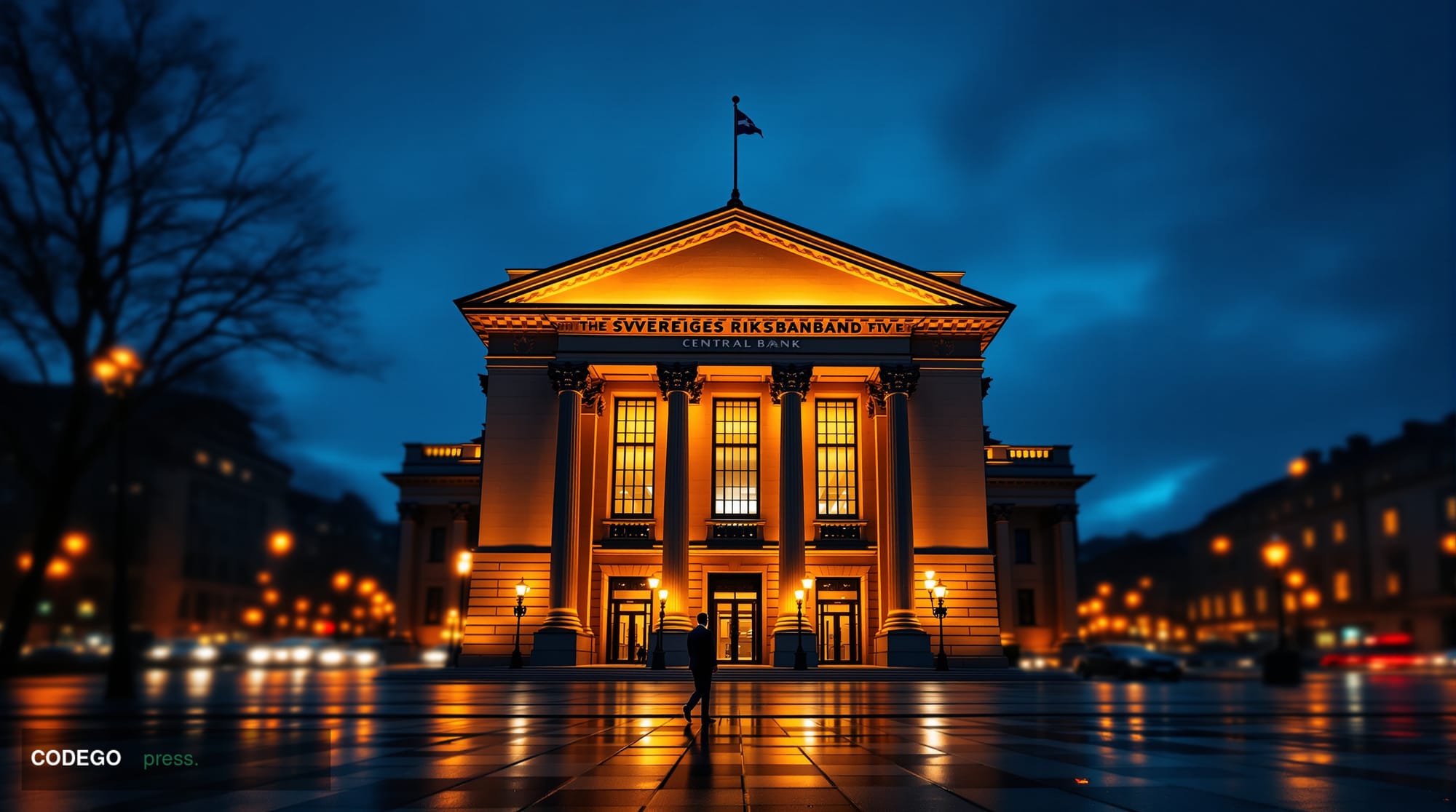 A dramatic editorial photograph of the <a href="https://www.riksbank.se" target="_blank" rel="noopener">Sveriges Riksbank</a>