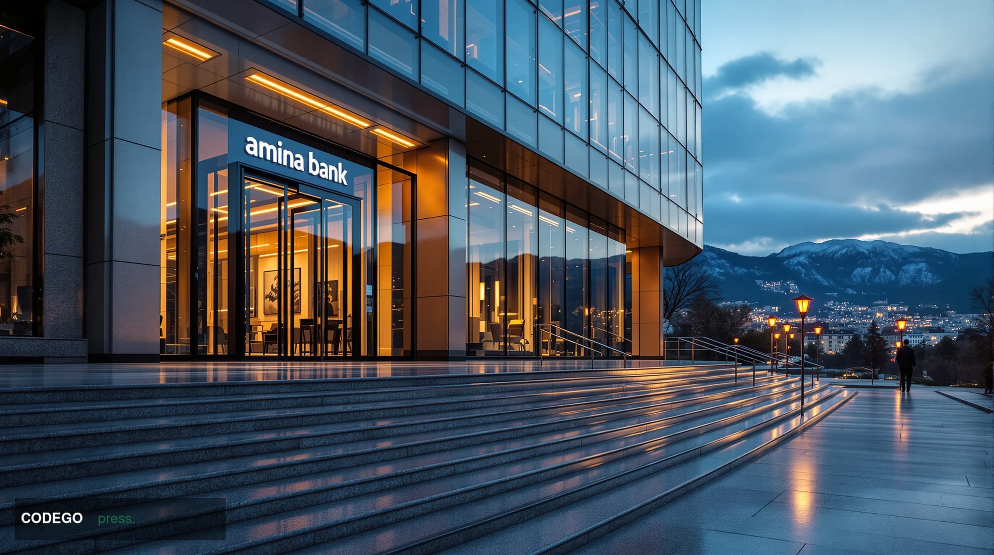 A cinematic editorial photograph showcasing the Swiss financial district in Zurich with the distinctive Swiss banking archite
